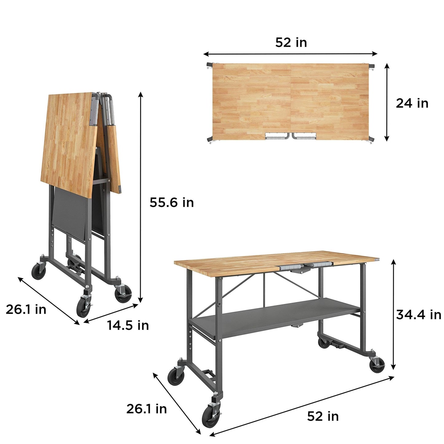 COSCO SmartFold Butcher Block Portable Workbench / Folding Utility Table (Hardwood Top, 700LB Total Weight Capacity, Locking Casters, Gray Steel Frame, 1 Pack)