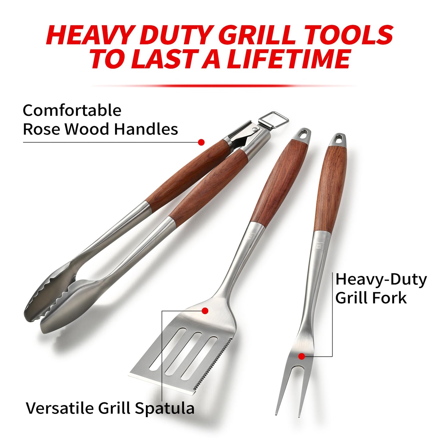 GRILAZ Heavy-Duty Rose Wooden BBQ Grilling Tools Set. Extra Thick Stainless Steel Multi-Function Spatula, Fork & Tongs | Essential Accessories for Barbecue & Grill. Ideal Gift for Father…
