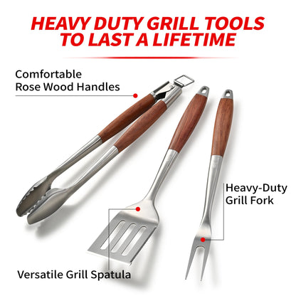 GRILAZ Heavy-Duty Rose Wooden BBQ Grilling Tools Set. Extra Thick Stainless Steel Multi-Function Spatula, Fork & Tongs | Essential Accessories for Barbecue & Grill. Ideal Gift for Father…