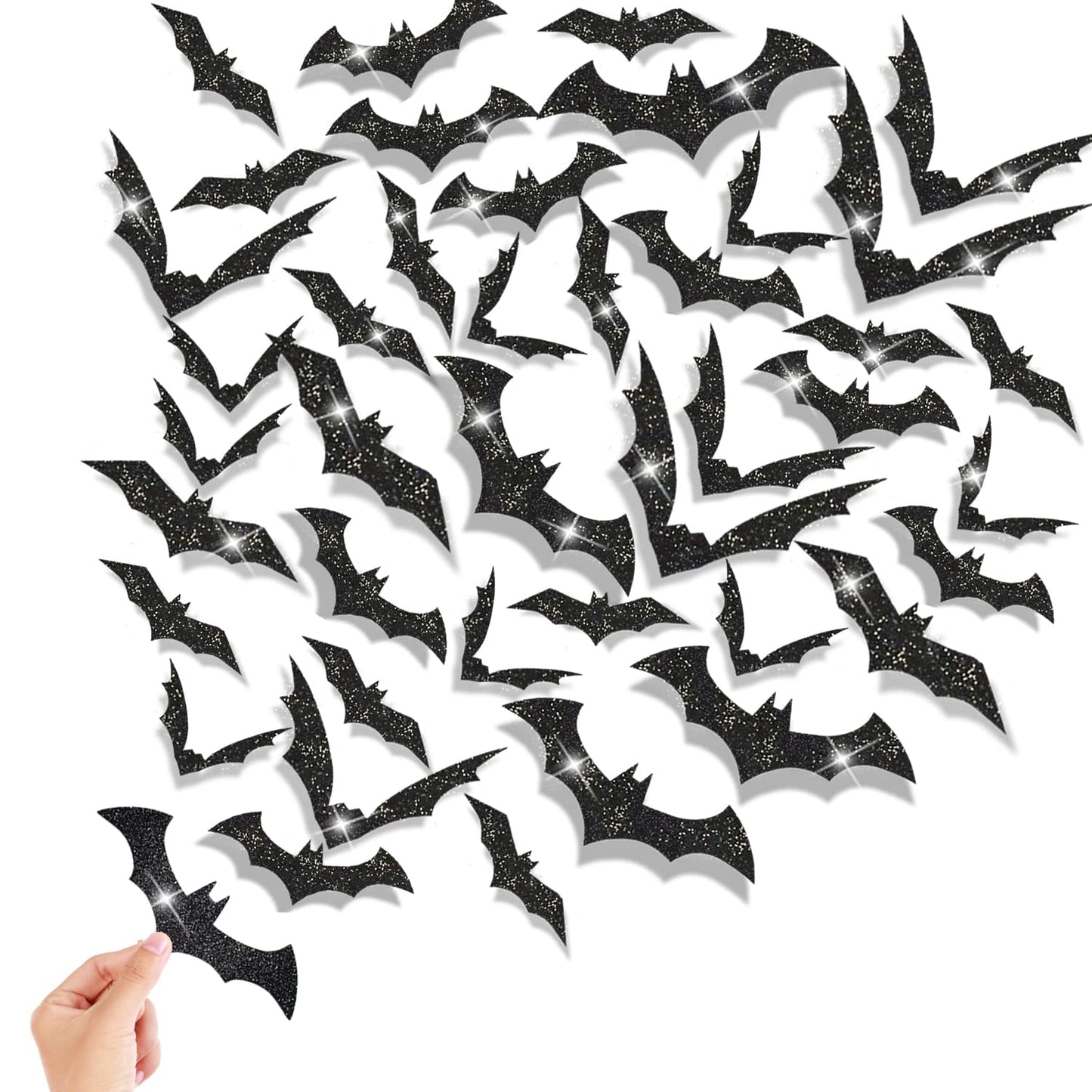 FOIMAS 144pcs Halloween Bat Wall Decor,3D Black Glitter Bats Wall Stickers Decal for Halloween Home Decoration Party Supply