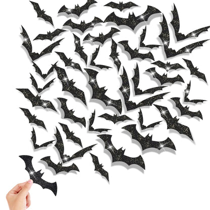 FOIMAS 144pcs Halloween Bat Wall Decor,3D Black Glitter Bats Wall Stickers Decal for Halloween Home Decoration Party Supply