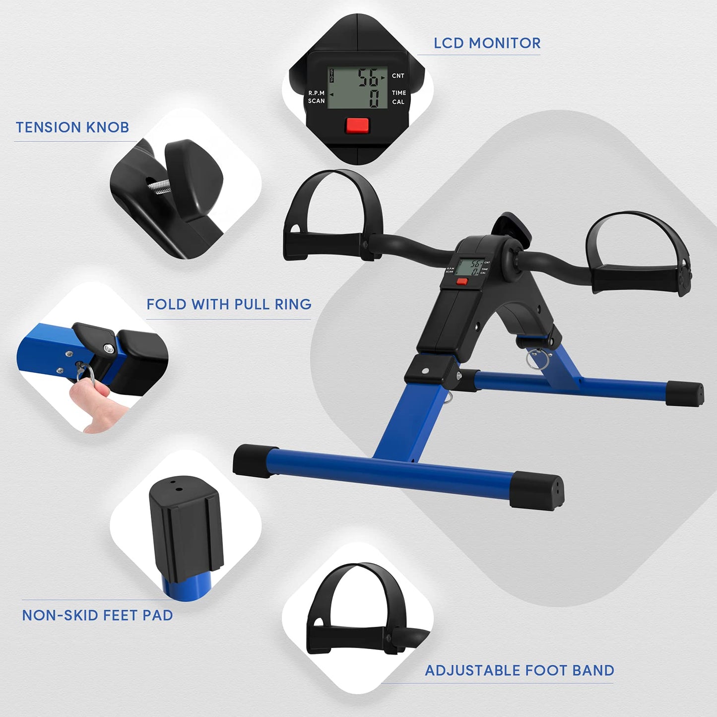 Folding Pedal Exerciser Mini Exercise Bike Portable Foot Peddler Desk Bike Arm and Leg Peddler Machine with LCD Monitor(Blue)