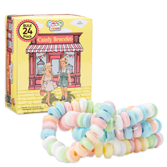 24 Candy Bracelets Individually Wrapped, Stretchable Vintage Candy Jewelry for Kids, The Perfect Pastel Addition to your Buffet, Princess-Themed Party or Goody Bags, by 4YoreElves, Pack of 24x0.42oz