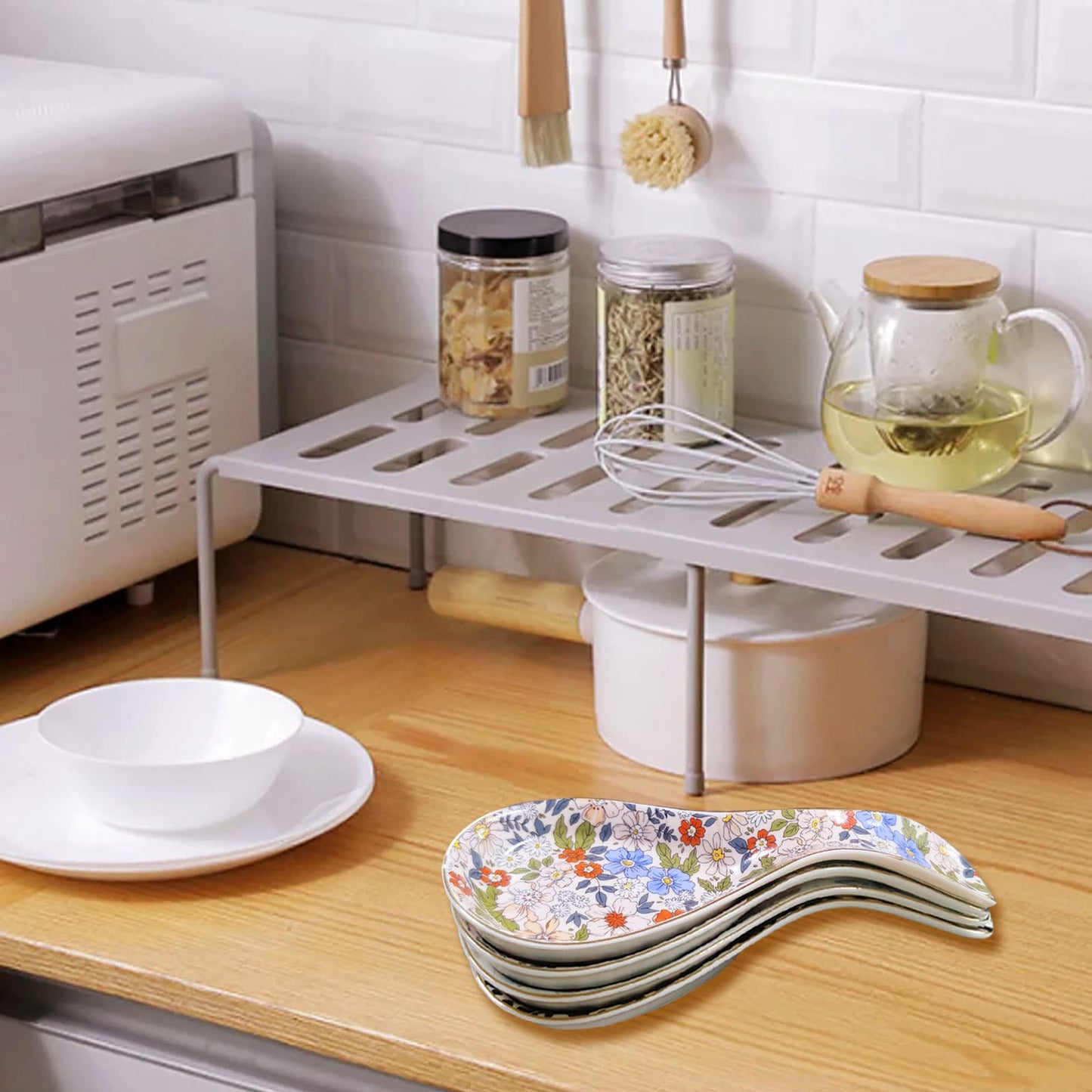 LEAZUL Ceramic Spoon Rest for Stove Top Kitchen Counter Large Spoon Holder Farmhouse Floral Flowers Print Coffee Spoon Cooking Utensil Tools Rest Modern Kitchen Decor