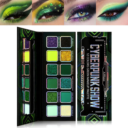 Green Eyeshadow Makeup Palette, 12 Color Green Holographic Glitter Eyeshadow with Matte Shimmer Finish for Hazel Eyes, High Pigment Silky Long Last Neon Yellow Blue Eye Shadow for Daily,Party,Cos,Goth