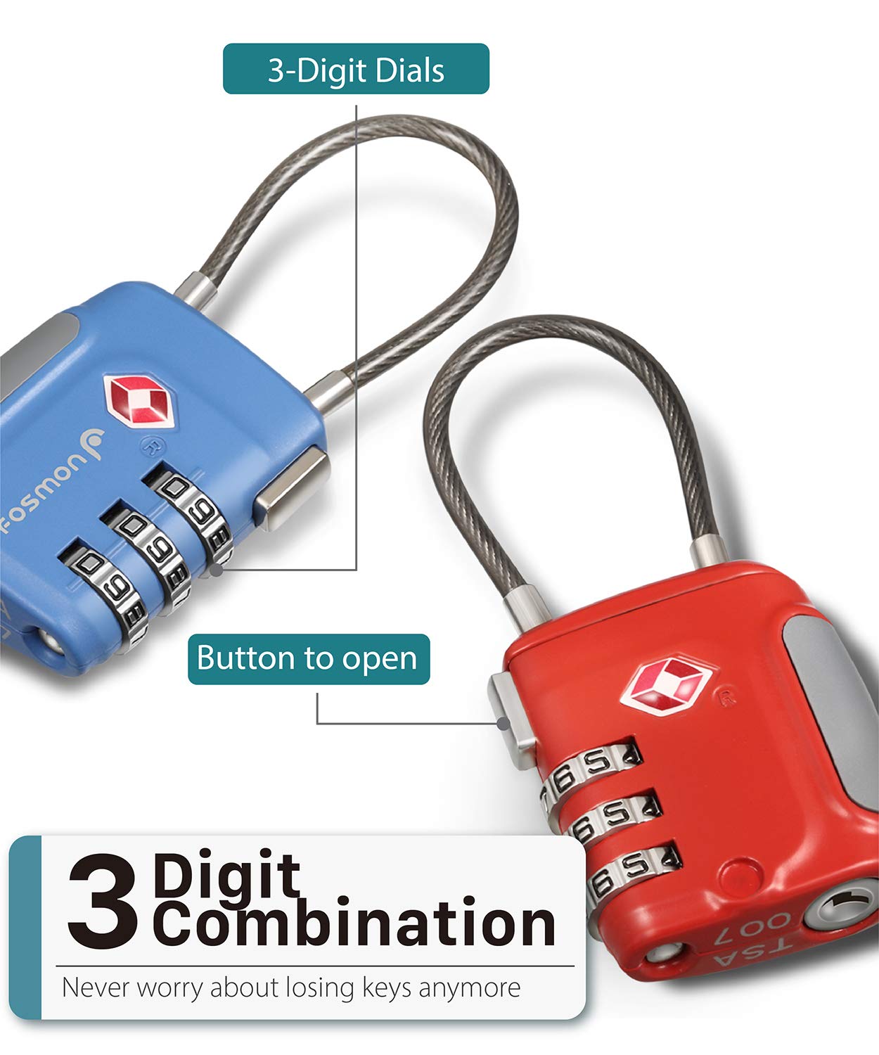 Fosmon TSA Approved Luggage Locks, Cable Suitcase Travel Lock, 3 Digit Long Shackle Combination Padlock, Wire Lock for Gym Locker, Backpack Anti Theft