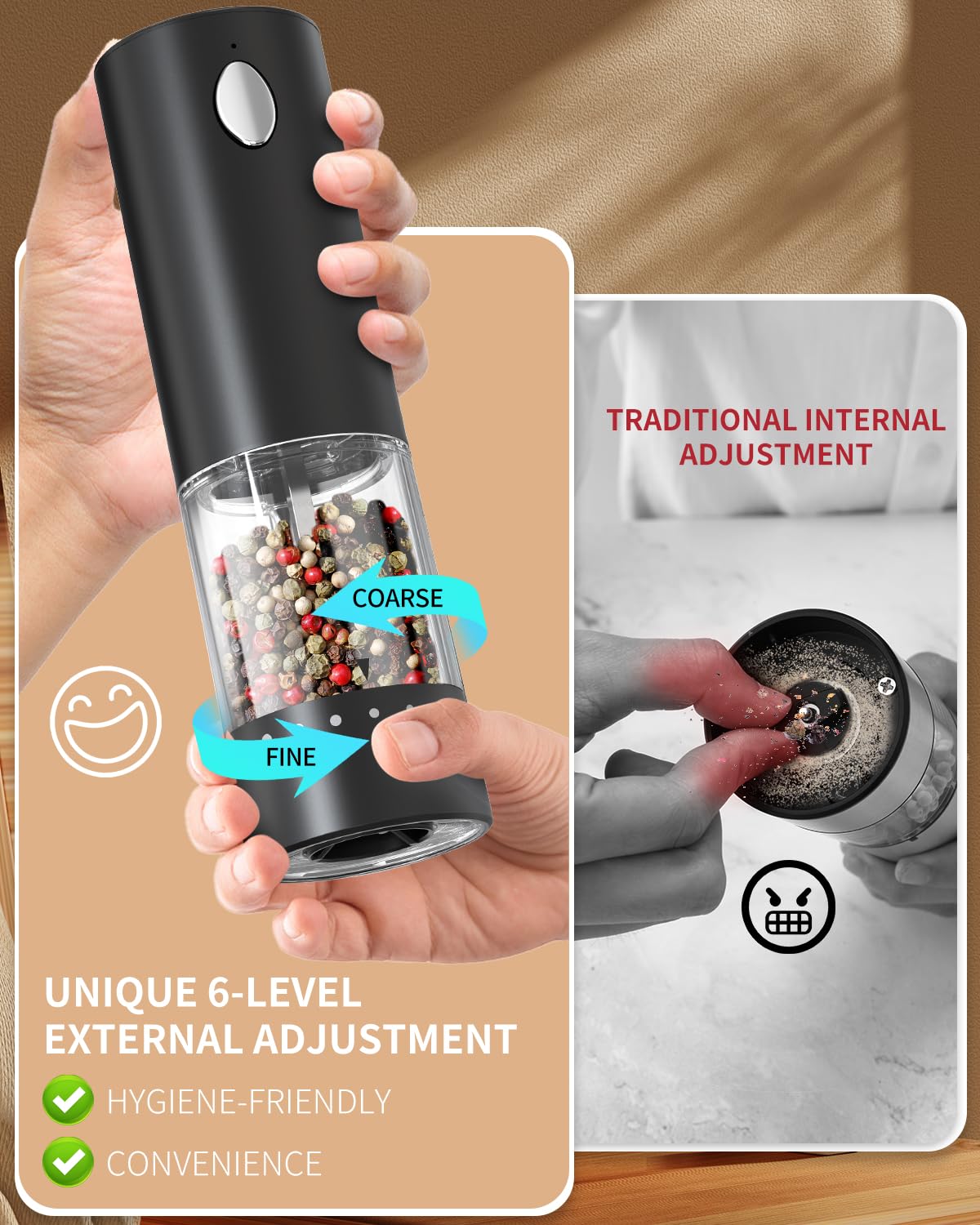 CIRCLE JOY Electric Salt and Pepper Grinder Set Automatic Salt and Pepper Grinder Set with Easy-to-Carry Charging Base and LED Light, USB Rechargeable, Upgrade External Adjustable Coarseness