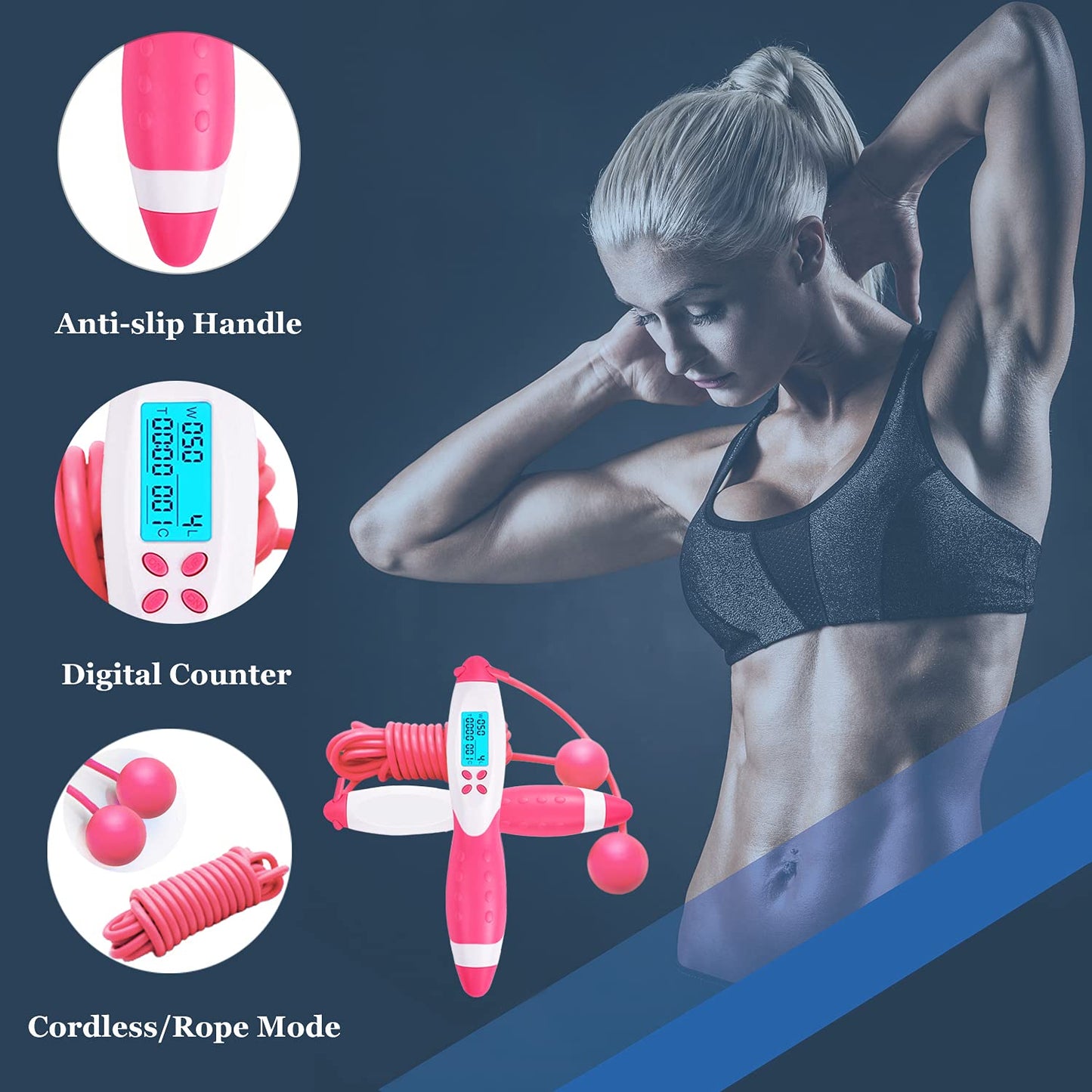 Jump Rope,Digital Counting Speed Jumping Rope Counter for Indoor and Outdoor Fitness Boxing Training Adjustable Weighted Jump Rope Workout for Men,Women,Children Cordless Skipping Rope-Pink