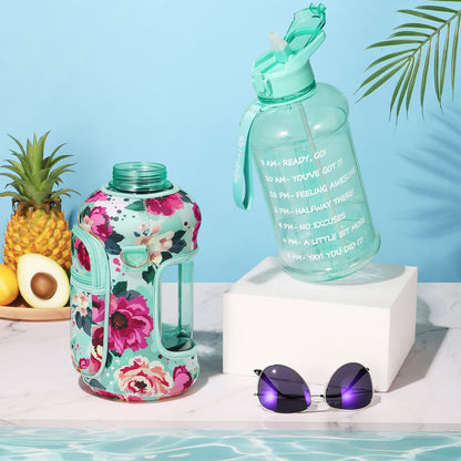 Fimibuke Half Gallon Water Bottle with Sleeve 64 OZ Water Bottle with Handle & Straw Leakproof Motivational Sports Gym Water Bottle with Time Marker Water Jug with Neoprene Holder - Floral Bloom