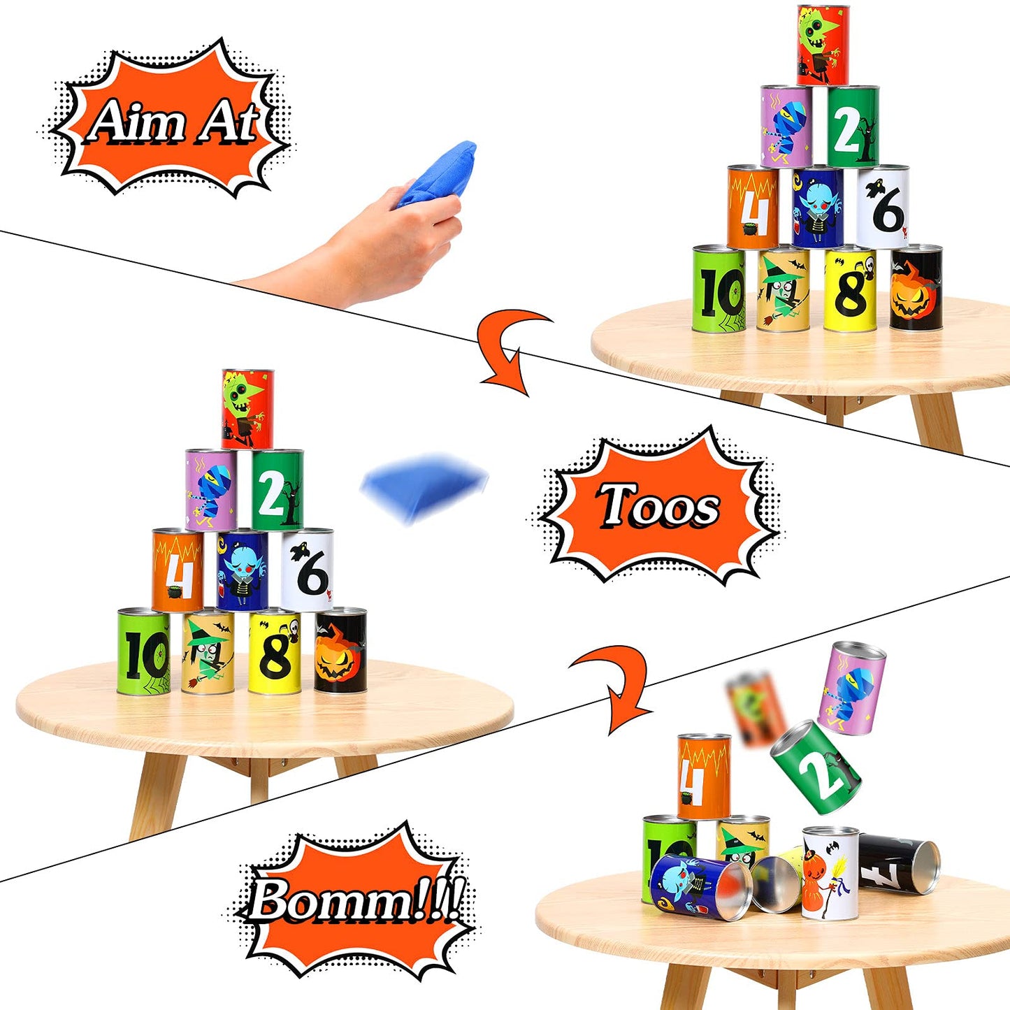 14 Pcs Halloween Party Games for Kids Adults Halloween Carnival Bean Bag Toss Games Metal Cans with 3 Bean Bags in Gift Box Boo Basket Stuffers Gifts for Holiday Trick or Treat Party Supplies