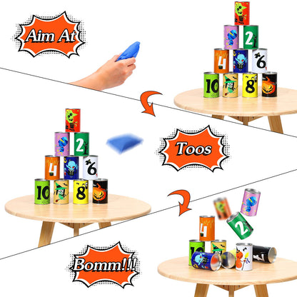 14 Pcs Halloween Party Games for Kids Adults Halloween Carnival Bean Bag Toss Games Metal Cans with 3 Bean Bags in Gift Box Boo Basket Stuffers Gifts for Holiday Trick or Treat Party Supplies