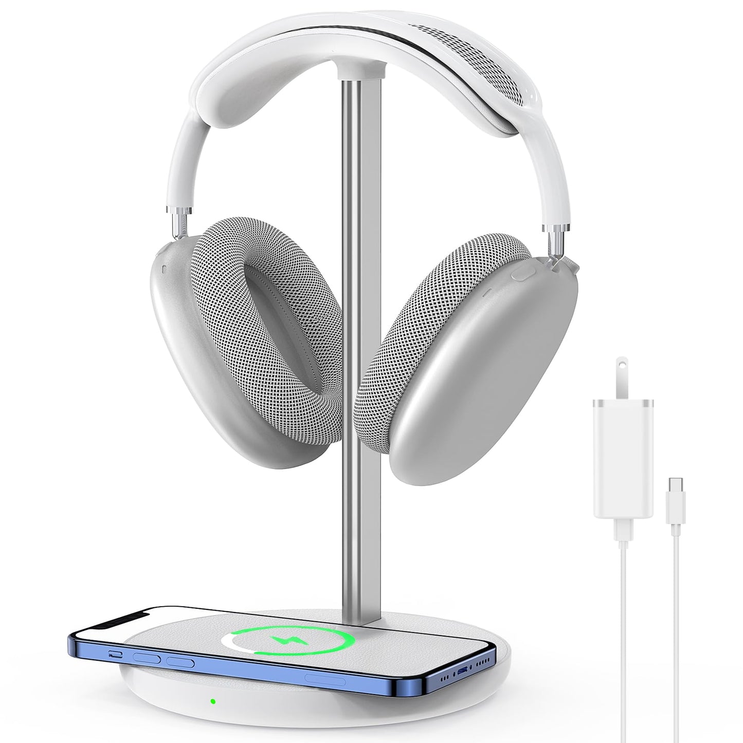 Headphone Stand with Wireless Charger, Gaming Headset Holder Hanger Rack 2 in 1 Wireless Charging Station Dock for iPhone 15/14/13/12/11 Series, AirPods Pro/3/2 and Desk All Headphones, White