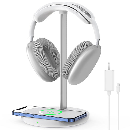Headphone Stand with Wireless Charger, Gaming Headset Holder Hanger Rack 2 in 1 Wireless Charging Station Dock for iPhone 15/14/13/12/11 Series, AirPods Pro/3/2 and Desk All Headphones, White