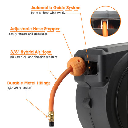 Giraffe Tools Retractable Air Hose Reel Enclosed with 3/8 in. x 50 ft Hybrid Hose, Lightweight Compressor Hose Reel Wall Mounted with 180° Swivel Bracket, 300 PSI