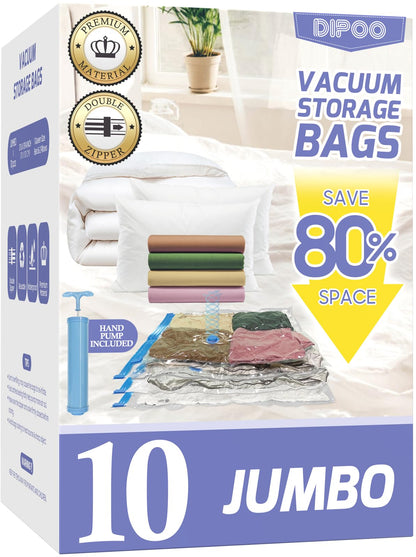 10 Pack Jumbo Vacuum Storage Bags with Hand Pump, 80% Storage Space Saving, Sturdy Leak-Free Space Saver Vacuum Seal Bags for Clothing, Vacuum Compression Bags for Travel Lugggage Blankets Comforters