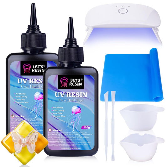 LET'S RESIN UV Resin with Light,Upgraded 200g Crystal Clear&Low Odor,UV Light,Silicone Mat,Ultraviolet Epoxy Resin Hard, Starter Kit for Jewelry,Craft Decor