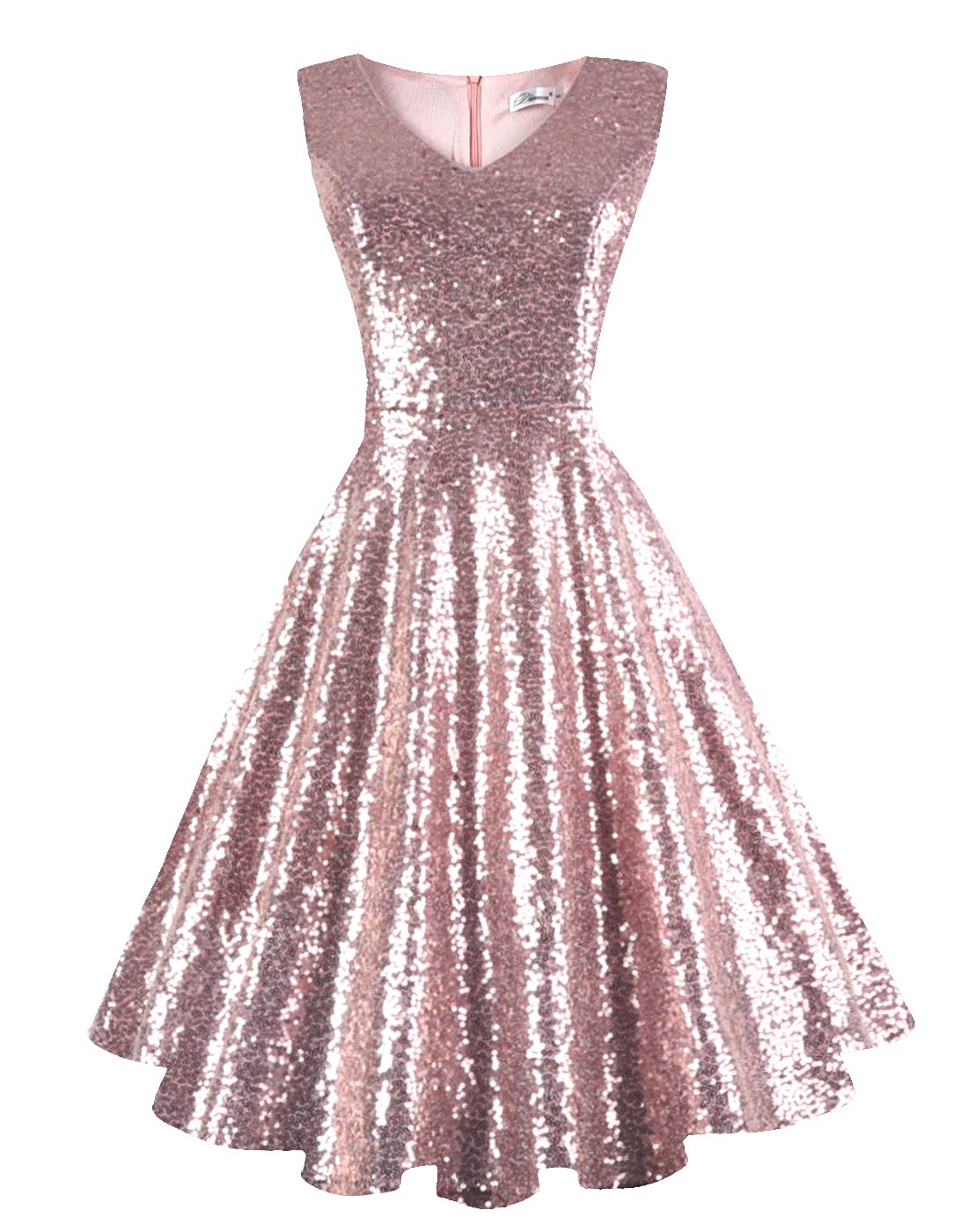 Dressever Women's 50s 60s Vintage Sleeveless Cocktail Party Dress with Pockets Sequins Rose Gold M