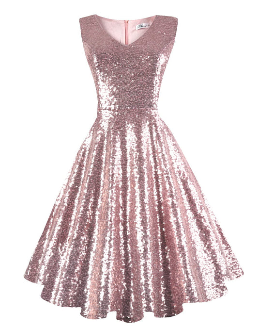 Dressever Women's 50s 60s Vintage Sleeveless Cocktail Party Dress with Pockets Sequins Rose Gold M