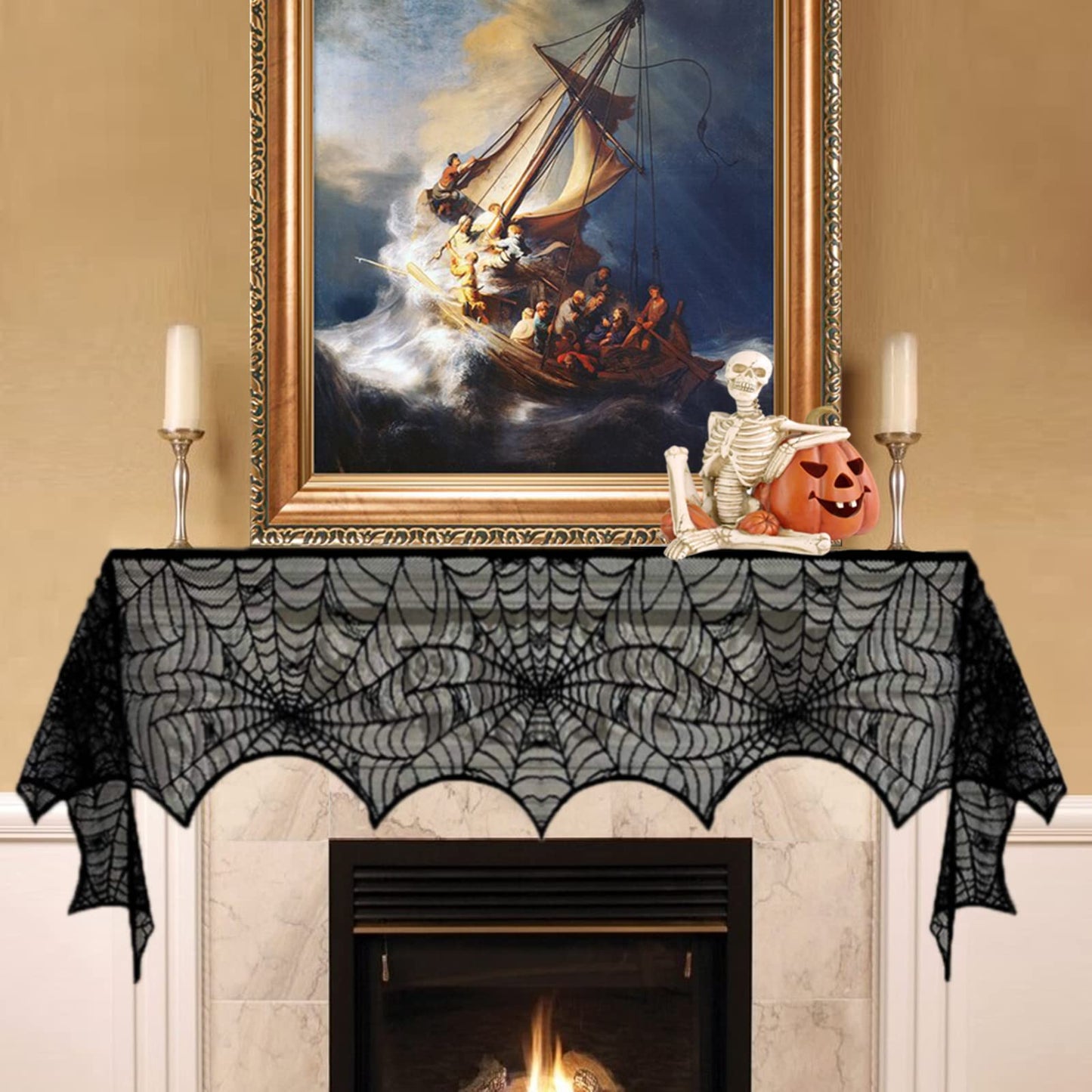 Comtraker Halloween Fireplace Mantle Decorations, Black Lace Spiderweb Mantel Scarf Cover Garland and 60 Pcs 3D Halloween Bats Wall Decor Stickers Decals for Festive Party Supplies, 18 x 98 inch