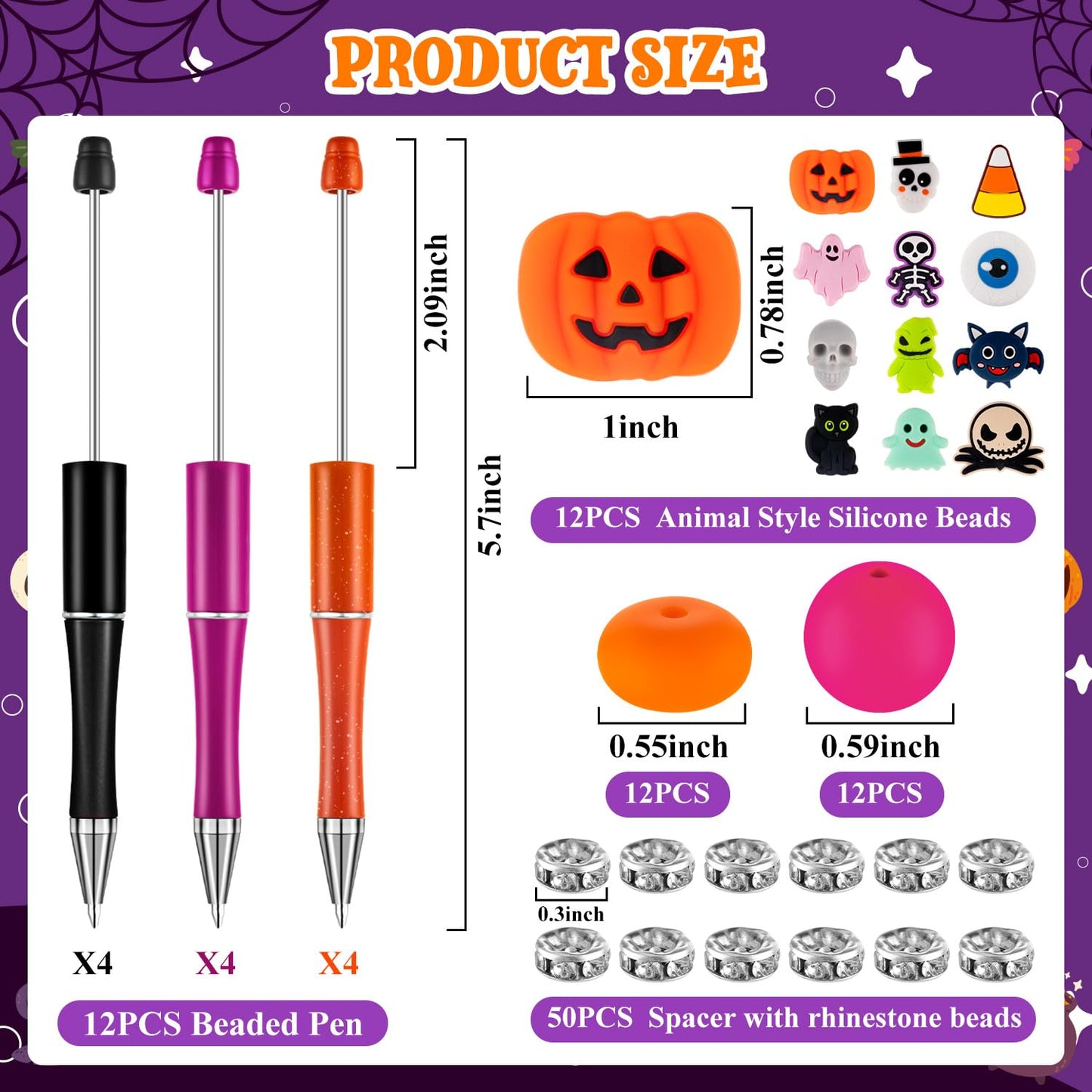 FFNIU Halloween Beadable Pens, Plastic Bead Pens with 12 Pcs Silicone Beads, Pumpkin Bat Skull Pens for Halloween Gifts School Office Supplies