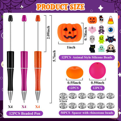 FFNIU Halloween Beadable Pens, Plastic Bead Pens with 12 Pcs Silicone Beads, Pumpkin Bat Skull Pens for Halloween Gifts School Office Supplies