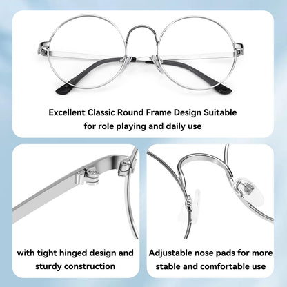 Dollger Retro Round Glasses Harry Style Glasses Clear Lens Non-Prescription for Men Women Adult Costume Metal Frame 2pcs Black+Sliver