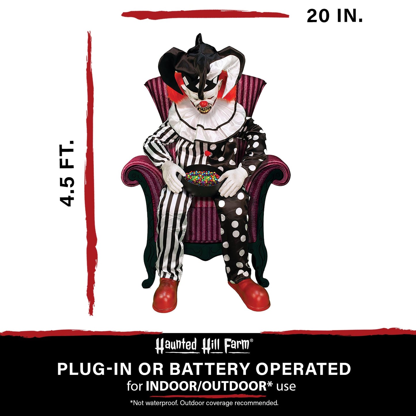 Haunted Hill Farm Hartley The Sitting Scare Clown by Tekky, Motion-Activated Talking Jump-Scare Halloween Animatronic for Halloween Party Prank Decoration, Plug-in or Battery Operated Halloween Props