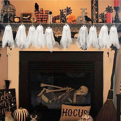Decor365 Pack of 12 Small Hanging Ghost with White Creep Cloth and Black Eyes for Halloween Party Decoration Home/Yards/Garden/Pub/Classroom/Showcase/Living Room Holiday Party Decor