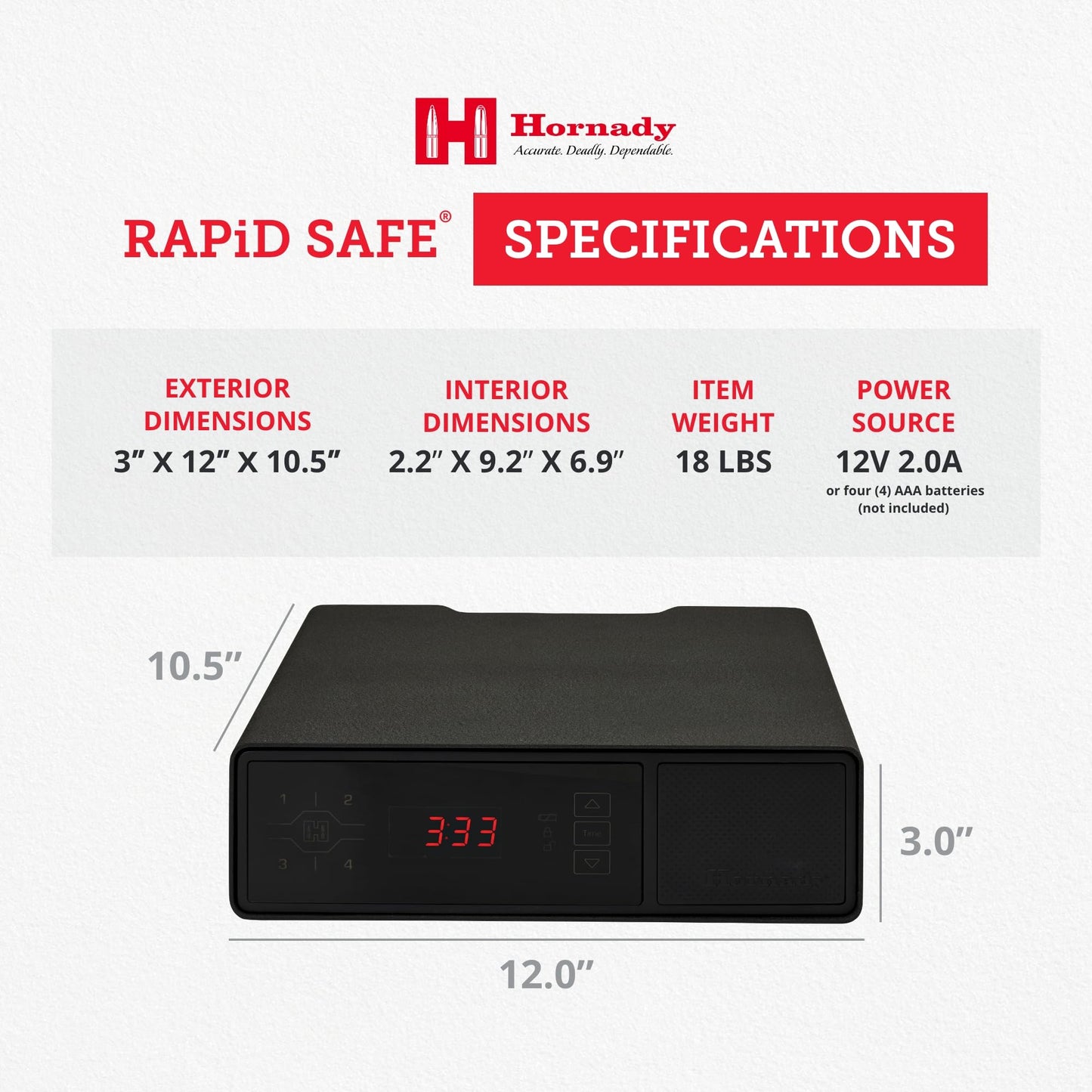 Hornady Rapid Safe Night Guard – Nightstand Gun Safe with RFID Reader, Clock, USB Ports – RFID Safe for Fast, Multiple Method Entry – Includes Rapid Safe, 3 Methods of Entry and Security Cable