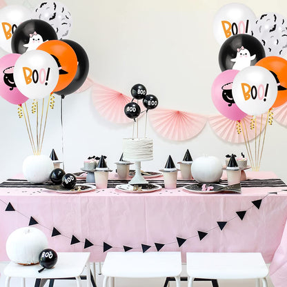 50Pcs Halloween Balloons Decor Girls Halloween Pink Orange Black White Latex Balloon with Ghost Witch Cauldron Bat Printed for Halloween Baby Shower Happy Boo Day Spooky One Two Spooky Party Supplies
