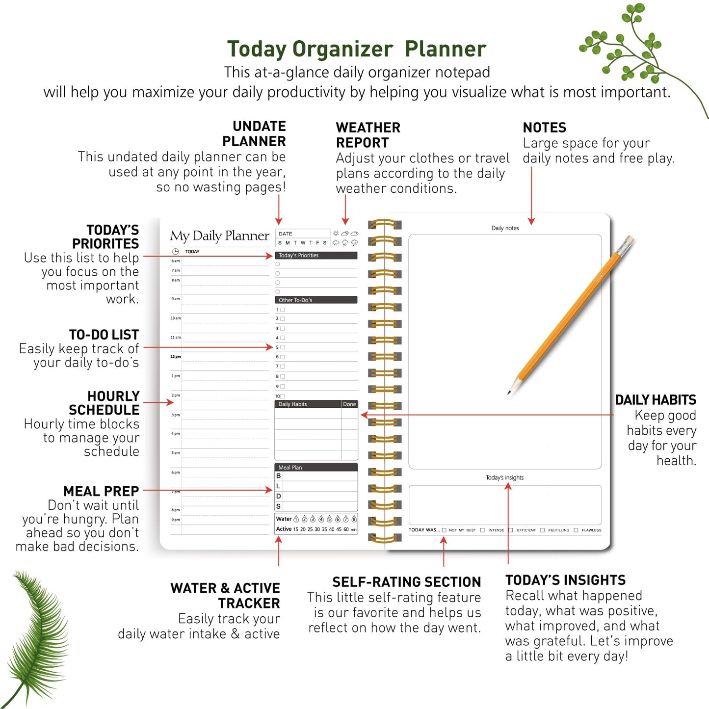 A5 Undated Daily Hourly Planner Notepad - Day Organizer Planner, 128 Pages Work Journal for Daily To do List, Notes, Water Intake and Meal Planner- Dark Wine Red