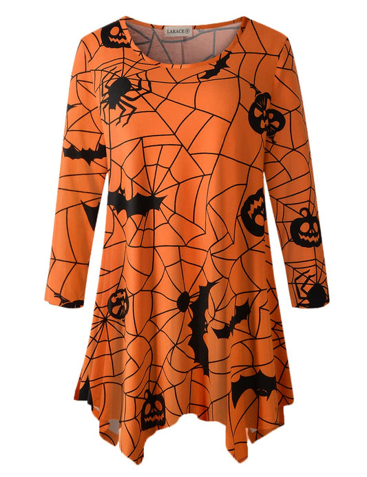 LARACE 3/4 Sleeve Plus Size Tops Halloween Shirts For Womens Pumpkin Tunic Asymmetrical Loose Clothes(Flower58 3X)