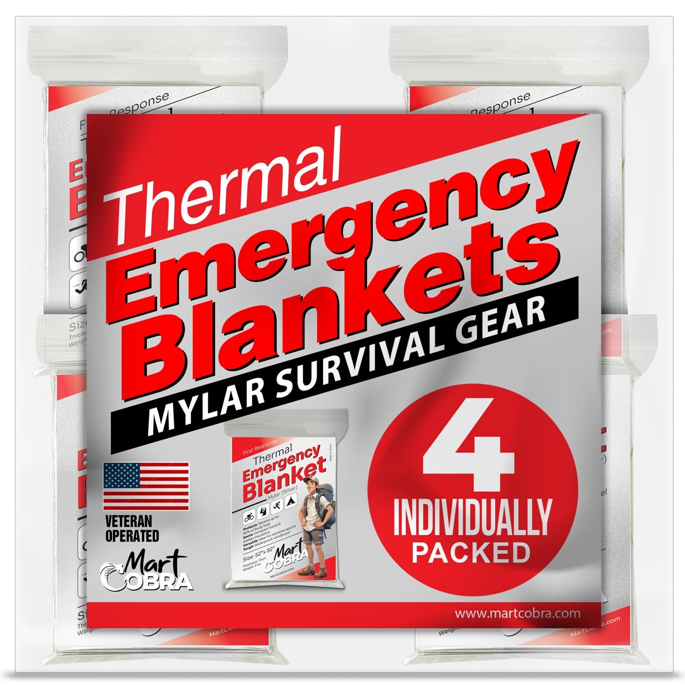Emergency Blanket 4-Pack Space Mylar Blankets Survival Gear and Supplies Reusable Thermal Camping Hunting Essentials First Aid Car Emergency Kit Prepper Bug Out Bag Foil Warm Cat Cold Snow Winter
