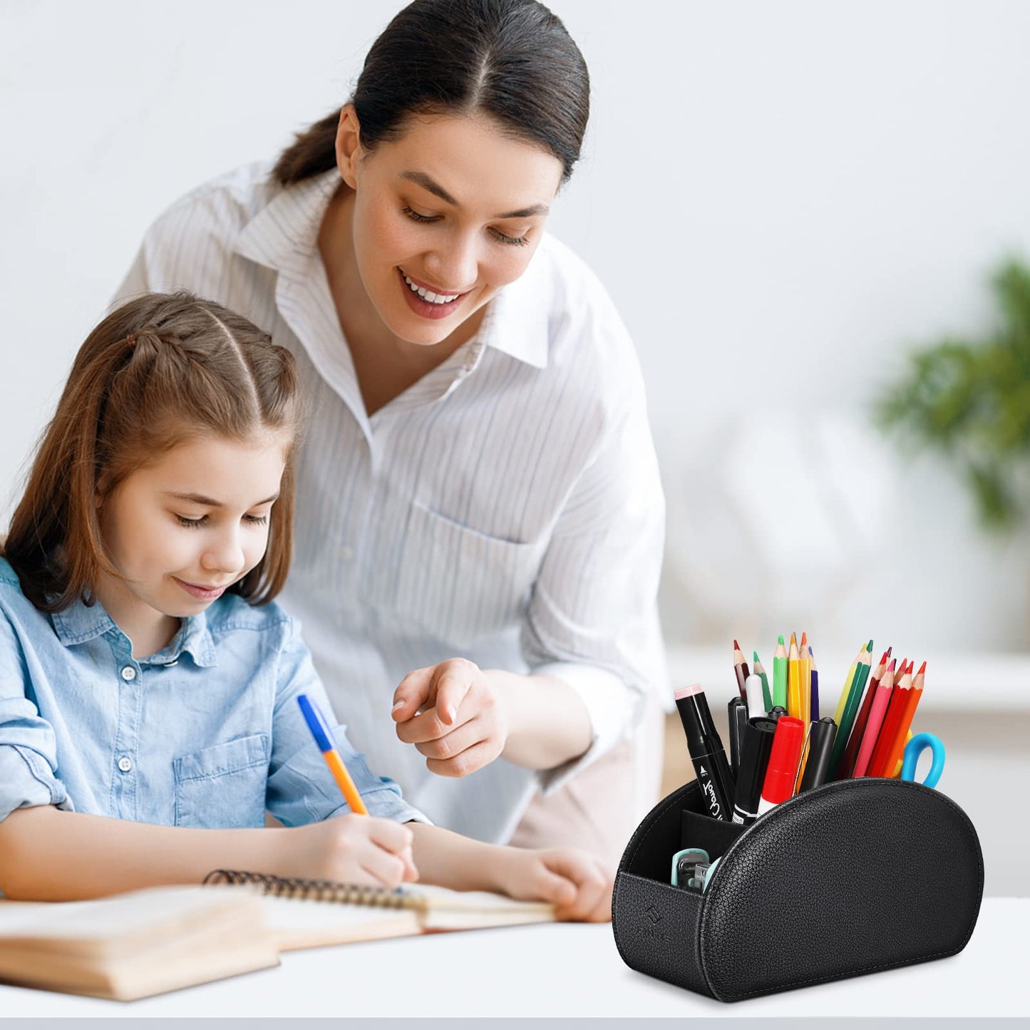 Fintie Remote Control Holder, 5 Compartments Vegan Leather TV Remoter Caddy Desktop Organizer Makeup Brush Holder Storage Fits TV Remotes, Media Controllers, Office Supplies(Black)