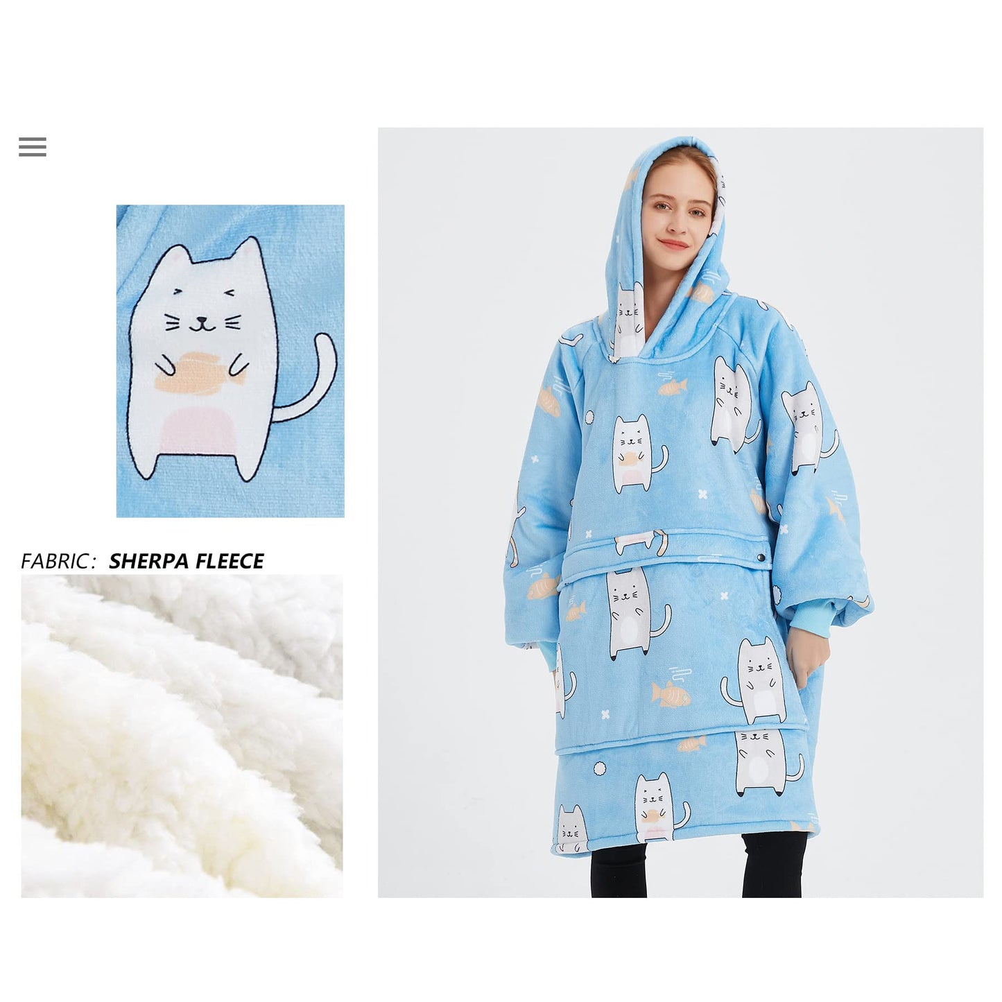 KFUBUO Wearable Blanket Hoodie for Adults Sherpa All Patterns Blue Cat Oversized Sweatshirt Blanket with Pockets Cute Gifts for Women