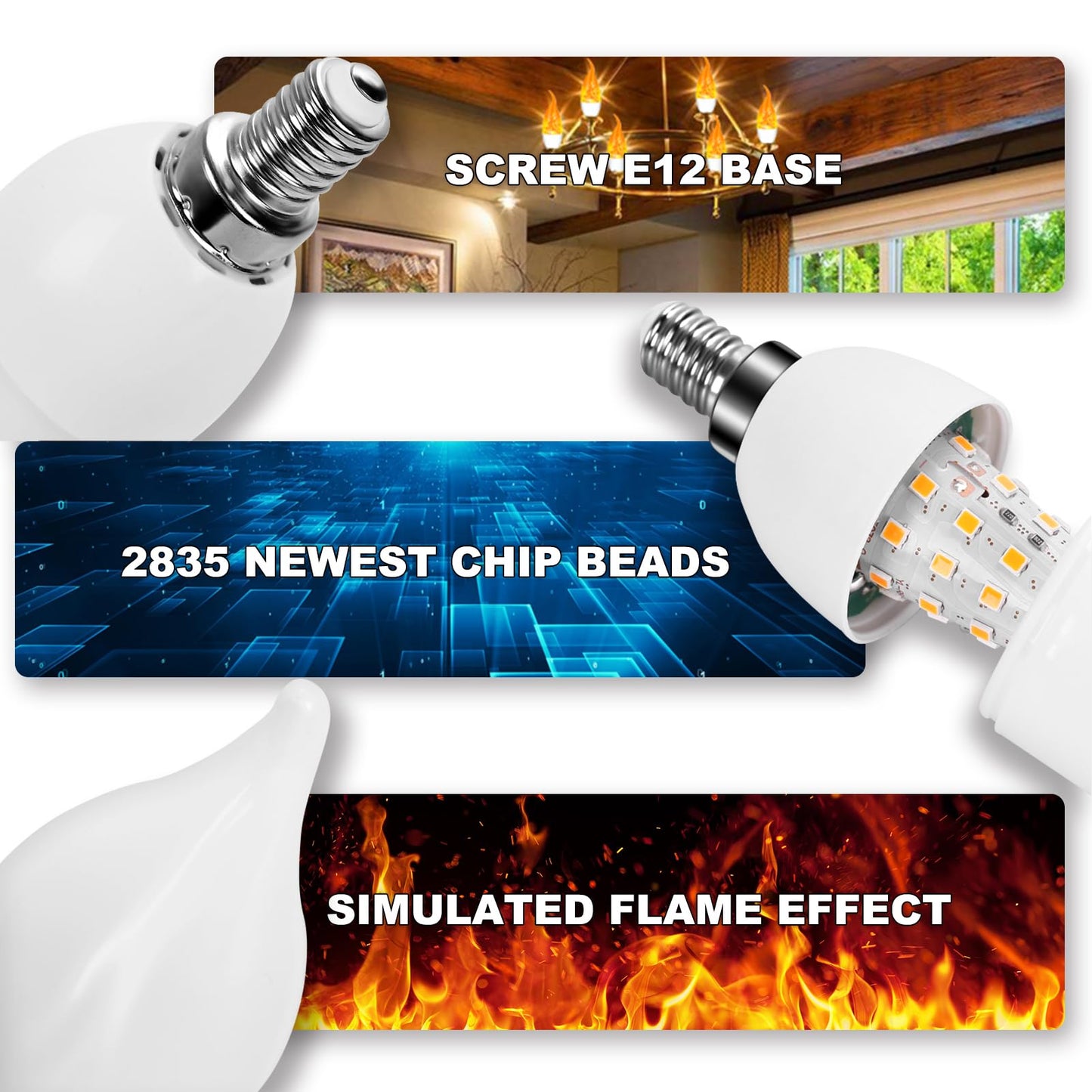 Kestnsee E12 LED Flickering Candelabra Flame Effect Light Bulbs - Upgrade Flicker Candelabra Torch Fire Effect Lights Bulbs for Outdoor Halloween Xmas Holiday Decorations Indoor Lamp (6 Pack)