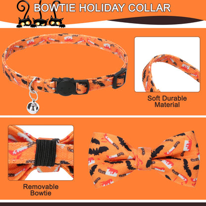 EXPAWLORER Halloween Cat Collar Breakaway with Bells - Adjustable Pet Collars with Detachable Bow Tie, 3 in 1 Holiday Cat Collars Also for Coming Thanksgiving Christmas Decoration Gifts