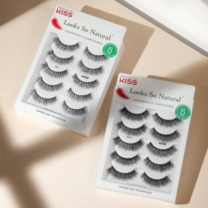 KISS Looks So Natural, False Eyelashes, 'Shy', 12 mm, Includes 5 Pairs Of Lashes, Contact Lens Friendly, Easy to Apply, Reusable Strip Lashes, Glue On