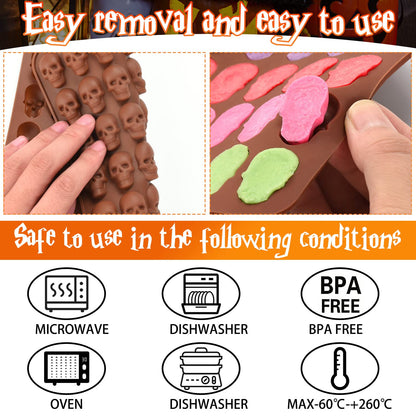 3 Pack Gummy Skull Silicone Candy Molds, Halloween Mini Skull Mold with 3 Droppers Non-stick Candy Molds