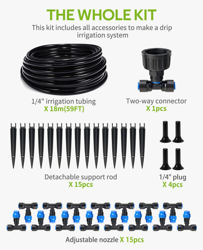 HIRALIY 59FT Greenhouse Misting Drip Irrigation Kit, Hanging Plant Watering, Garden Watering System with 1/4" Blank Tubing and Misting Nozzles, Quick Connector Design Automatic Irrigation System