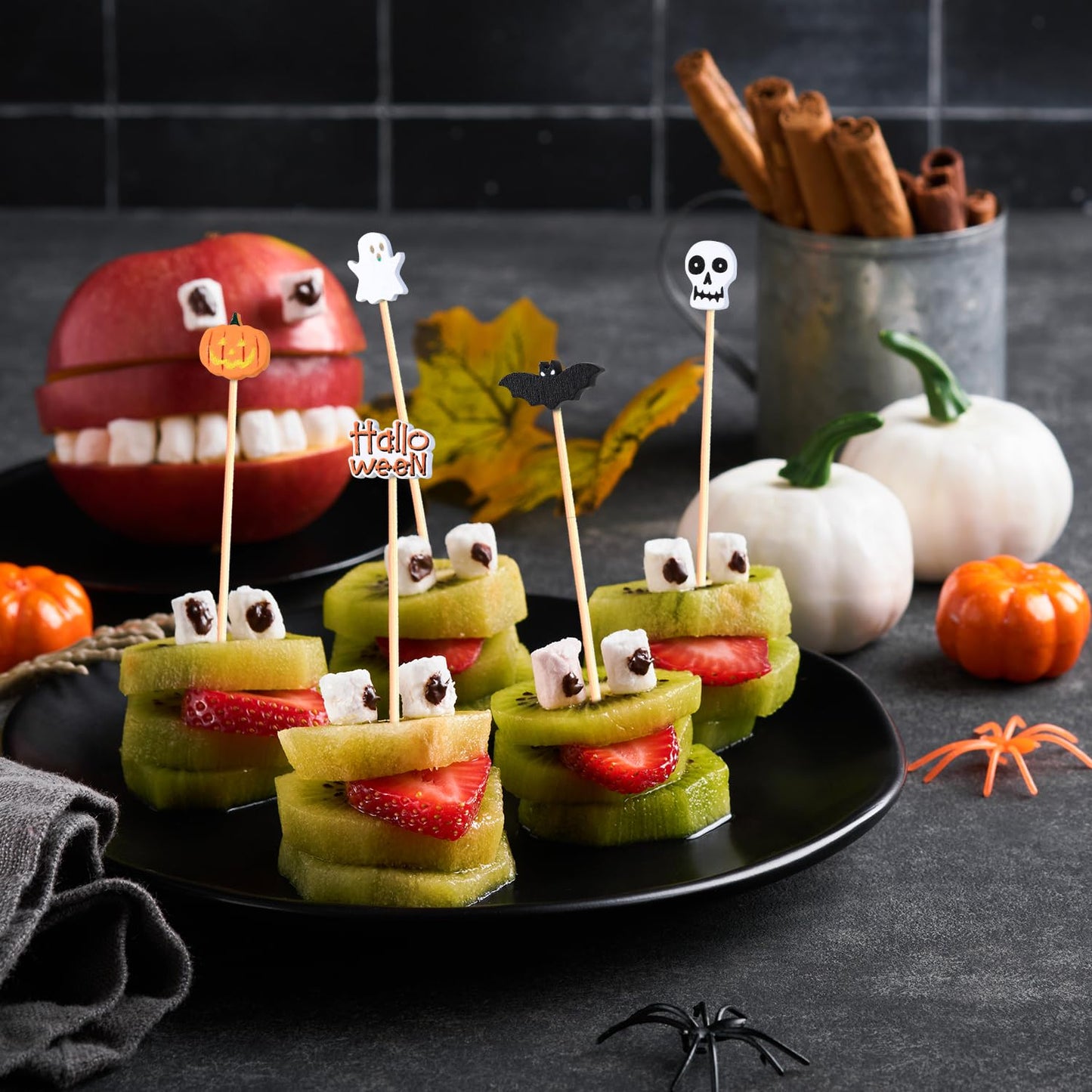 Halloween Cocktail Picks Halloween Theme Skull Ghost Pumpkin Bat Decorations Long Toothpicks Fruit Sticks Skewers Topper for Appetizer Charcuterie Food Sandwich Cupcake Halloween Themed Party Supplies