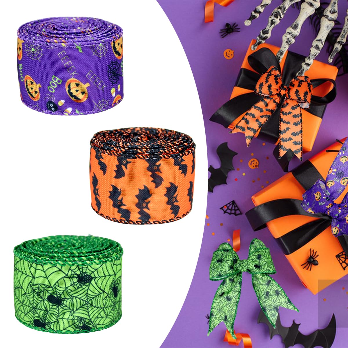 3 Rolls Halloween Wired Edge Ribbon 9.9 Yard Bat Spider Web Skull Pumpkin Printed Ribbons Wrapping Ribbon for Halloween Party Decoration Wreath DIY Craft(Purple,Green,Orange)