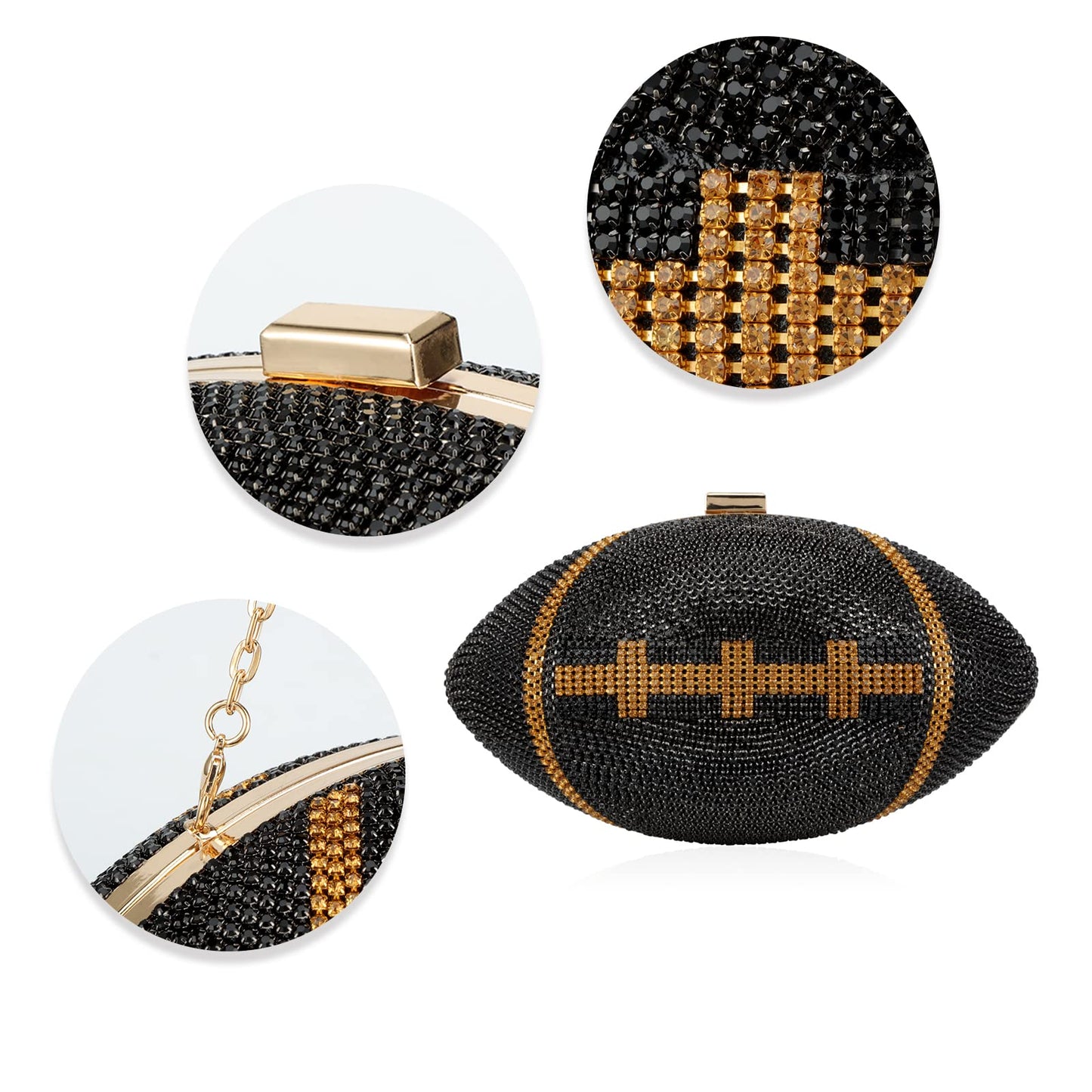 Gripit Bling Rhinestone Football Shaped Rugby Quirky Bag Purse Novlety Chain Purse Shoulder Handbag with Crystal for Women Girls,Black