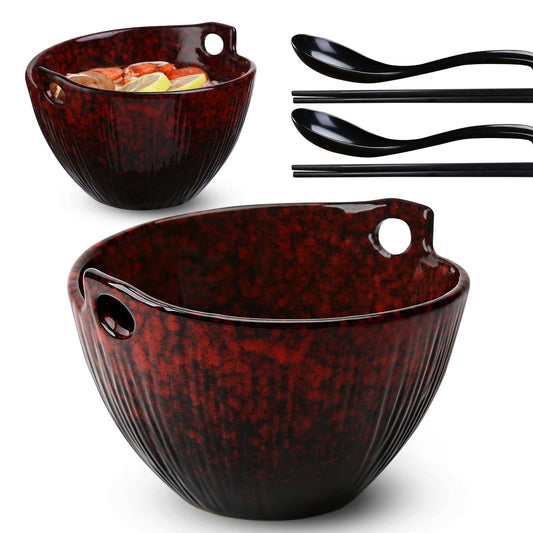 JH JIEMEI HOME Ramen Bowl with Chopsticks and Spoons, Ceramic Set of 2, Dishwasher Safe for Pho Udon Soba Noodle Salad Pasta, Special Reactive Glazed Crimson Bowls Set
