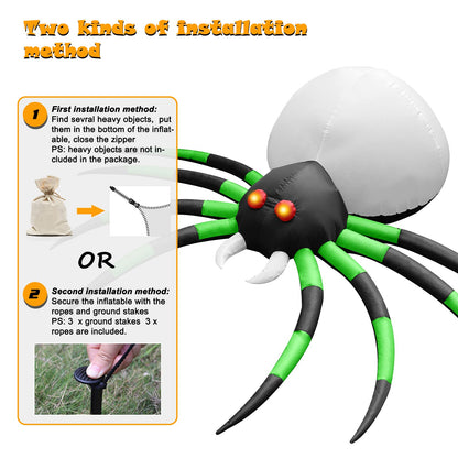 8FT Halloween Inflatables Spider Outdoor Decorations for Yard, Giant Blow up Green Spider with Rotating Fire Flame Light, Large Spooky Spider Props for Halloween Party Garden Lawn House Holiday Decor