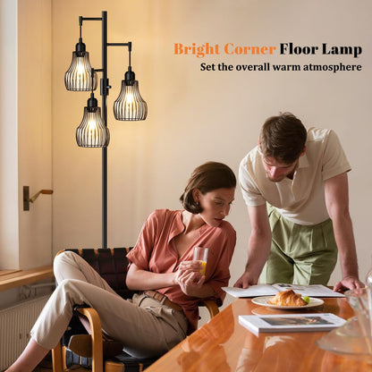 Dimmable Floor Lamp, 3 x 800LM LED Edison Bulbs Included, Farmhouse Industrial Floor Lamp Standing Tree Lamp with Elegant Cage Tall Lamps for Living Room Bedroom Office - Black