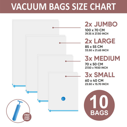 10 Space Saver Vacuum Sealed Storage Bags (2 Jumbo/2 Large/3 Medium/3 Small) with Hand Pump, Seal Bags for Clothing, Comforters, Pillows, Towel, Blanket Storage, Bedding