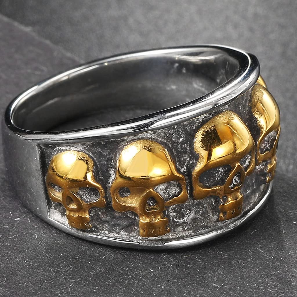 Jude Jewelers Retro Vintage Stainless Steel Gothic Death Skull Skeleton Cocktail Party Biker Statement Halloween Ring (Silver Gold, 9.5)