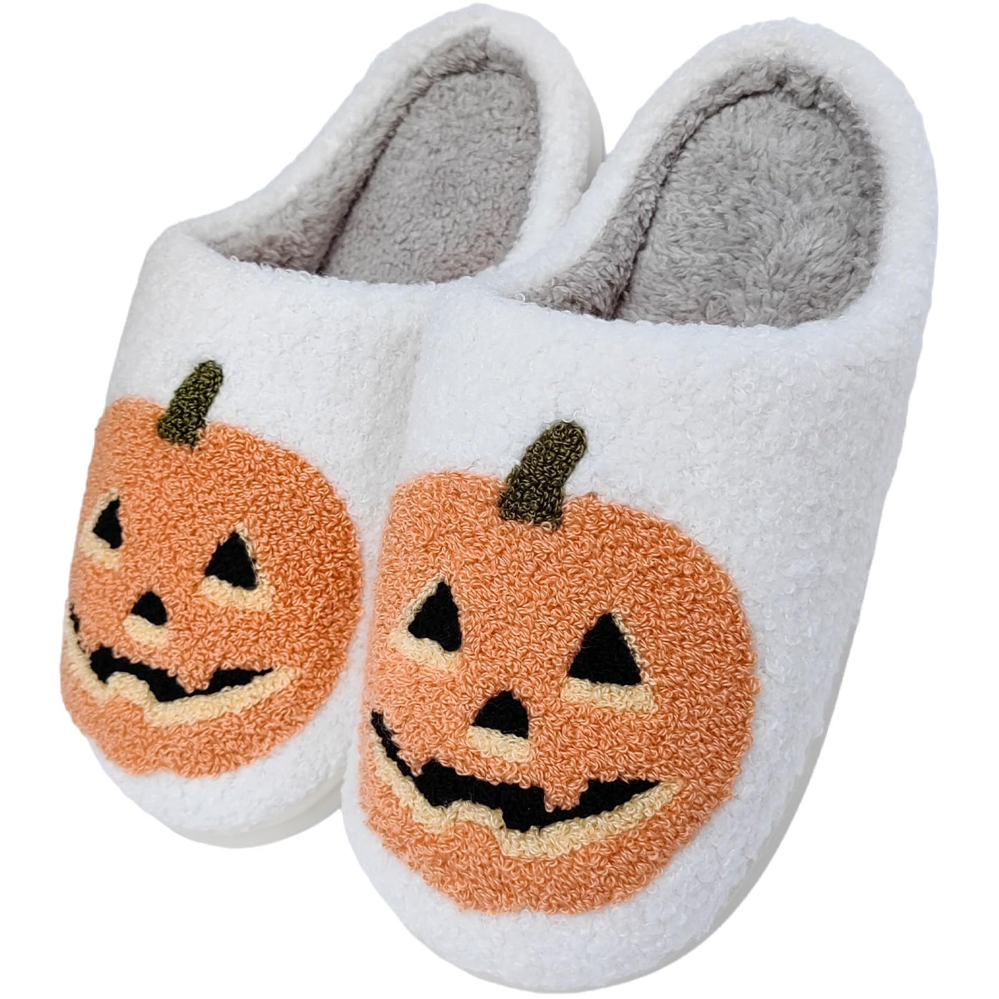 HIPINISS Halloween Pumpkin Slippers for Women Men Halloween Spooky Lantern Pumpkin Plush Warm Slippers Indoor Outdoor Memory Foam House Home Winter Shoes,Pumpkin White 43-44