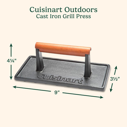Cuisinart Cast Iron Grill Press with Wooden Handle, Heavy Duty Nonstick Rectangle Burger Press with Wood Handle, Perfect Grill Accessory for Steak, Bacon, Paninis and More